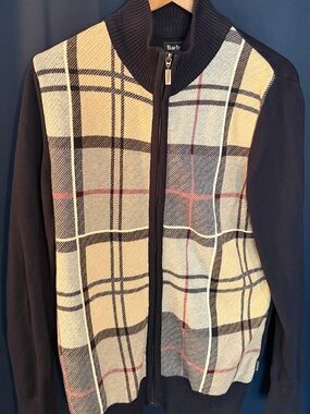 Barbour Men's Navy Cotton Tartan Front Zip Sweater Size Small